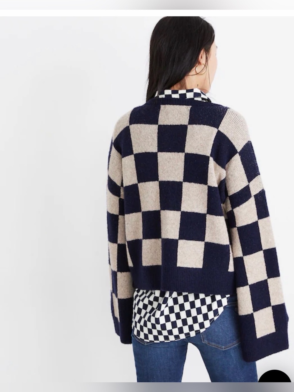 Madewell Cardiff Checkerboard Crewneck Sweater Navy/Tan Size Small - Picture 3 of 10